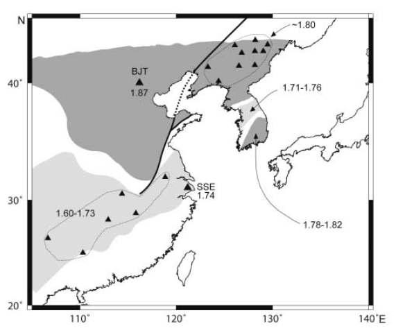 Simplified map showing the distribution of estimated VP/VS ratios and those fromprevious studies