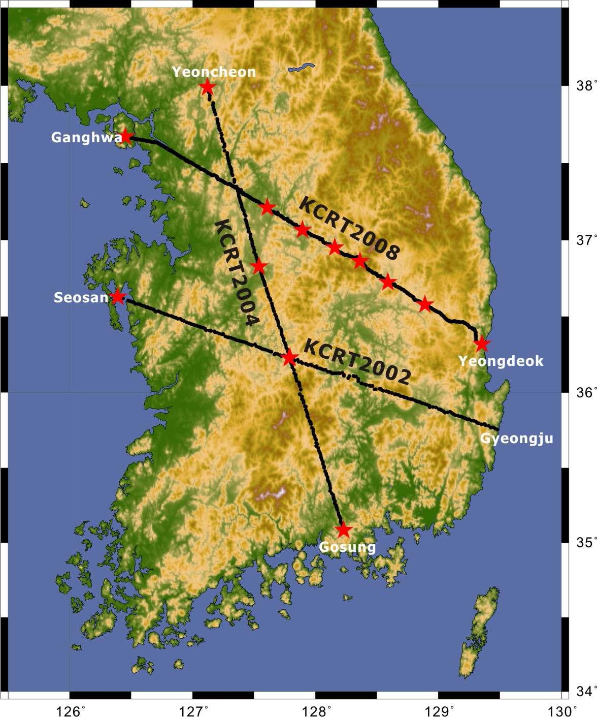 Map showing the locations of the KCRT2002, KCRT2004, andKCRT2008 crustal-scale seismic refraction experiments in the southern Korean Peninsula