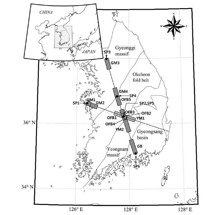 Map of the Korean peninsula and the KCRT2002 andKCRT2004 seismic refraction profiles