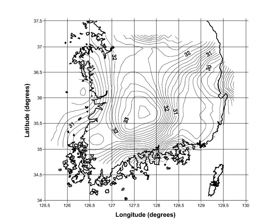 The contour map of crustal thickness calculated from the travel time residuals