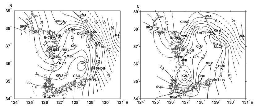 Distributions of the Moho depths in km (left) and average crustal P-wave velocities in km/s (right) in southern Korea.