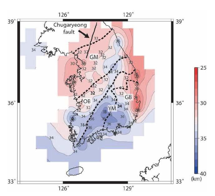 Distribution of the Moho depths in southern Korean Peninsula