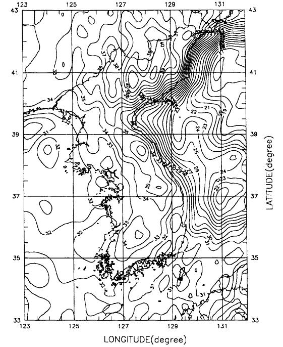 Bouguer anomaly map in and around the Korean peninsula