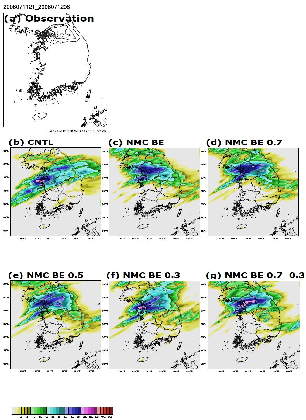 Total precipitation between 2100 UTC 11 July and 0900 UTC 12 July 2006 in(a)observation, (b) CNTL, (c) NMC BE, (d) NMC BE 0.7, (e) NMC BE 0.5, (f) NMC BE 0.3 and (g) NMC BE 0.7_0.3 experiment.