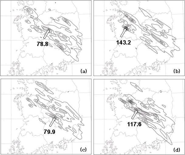 Simulated 6-hour accumulated rainfall distributionfrom 21 UTC 24 to 03 UTC 25 July for (a) 3H_12MIN, (b) 3H_30MIN, (c) 1H_12MIN, and (d) 1H_30MIN. The contours starts from 10 mm and the interval is 20 mm. The areas where the rainfall amount exceeds 50 mm are shaded. The maximum rainfall point and amount (in mm) are also shown.