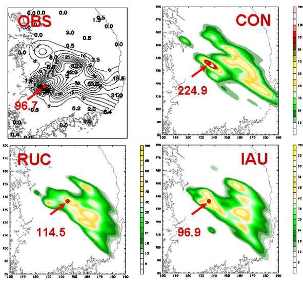 Simulated 6-hour accumulated rainfall distribution from21 UTC 24 to 03 UTC 25 July for (a) observation, (b) CON, (c) RUC, and (d) IAU experiments. Maximum rainfall point and amount (in mm) are also shown.