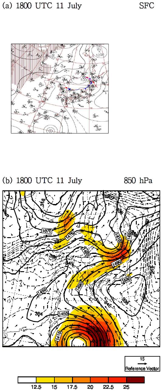 (a) Surface weather chart and (b) geopotential height (solid), equivalentpotential temperature (dashed), wind speed (shaded) and wind vectors for 850 hPa weather chart at 1800 UTC 11 July 2006.