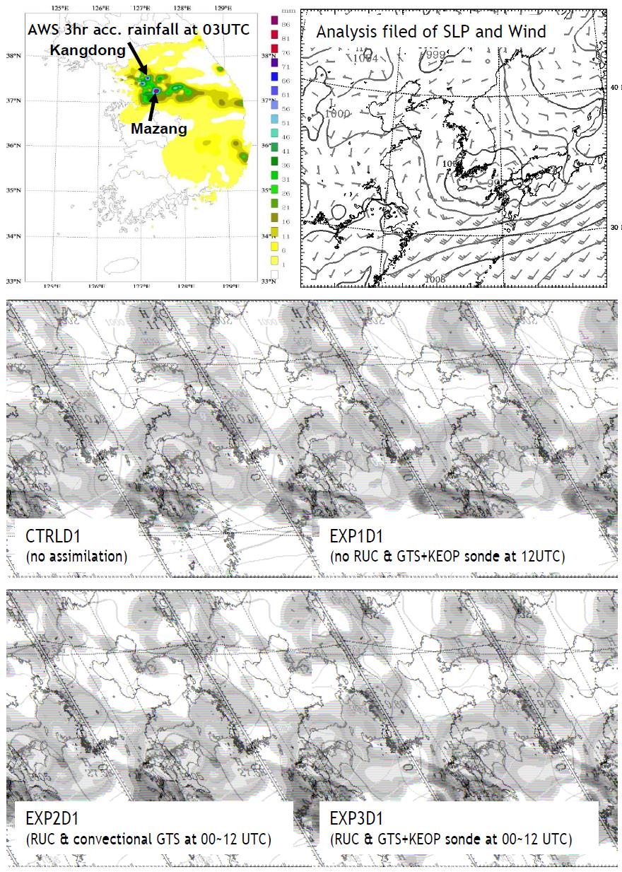 Observed 3h accumulated rainfall, analysis field of sea level pressure and wind,and total precipitation between 0000 UTC and 0300 UTC 4 July and sea level pressure in CTRLD1, EXP1D1, EXP2D1 and EXP3D1.