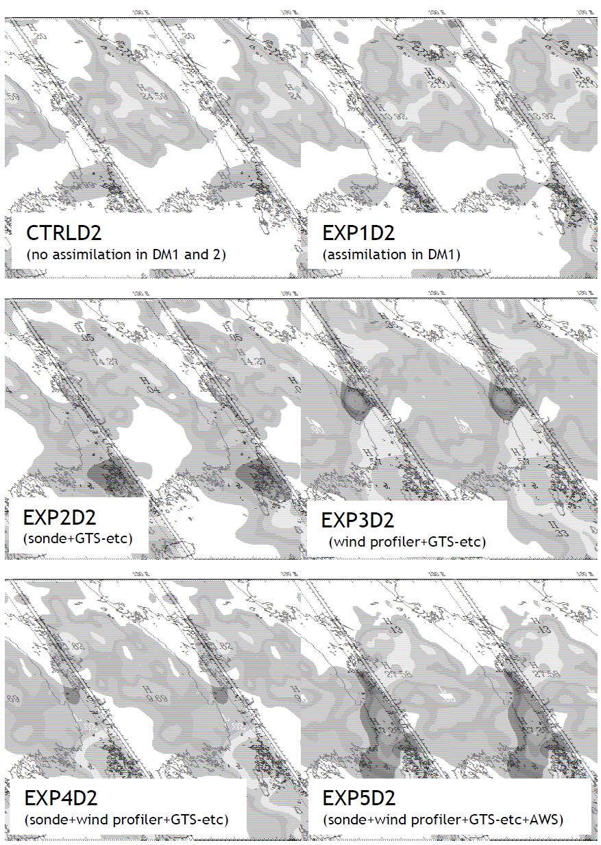 Total precipitation between 0000 UTC and 0300 UTC 4 July in CTRLD2,EXP1D2, EXP2D2, EXP3D2, EXP4D2 and EXP5D2.