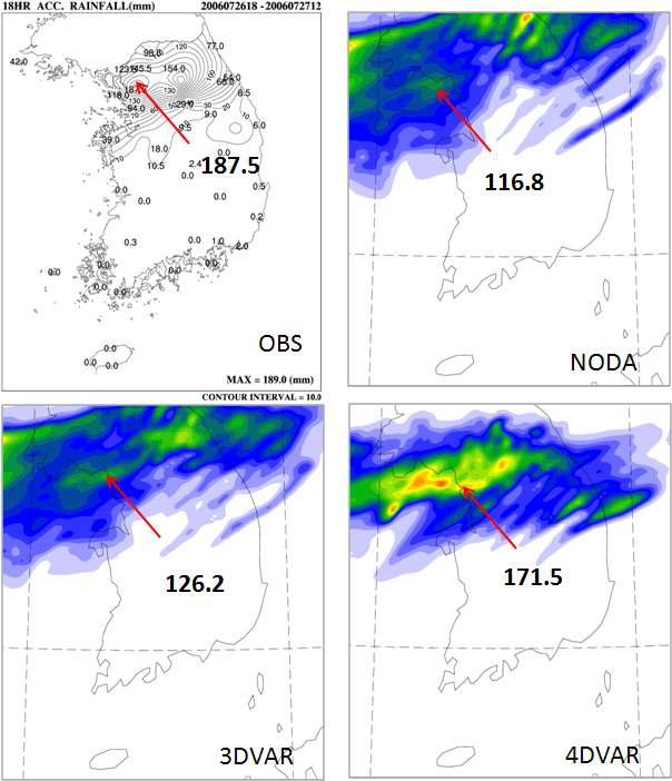 18-hour accumulated precipitation distribution from 18UTC 26 to 12 UTC 27 July 2006 for observations, NODA, 3DVAR, and 4DVAR experiments. Maximum precipitation point and its amount (in mm) are also shown.