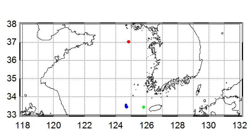 Locations where vertical distribution with Yellow Sea was made. Locations in the map colored in red, blue and green will be noted as 