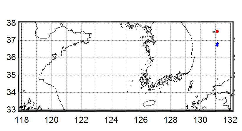 Locations where vertical distribution with East Sea was made. Locations in the map colored with red and blue will be noted as 