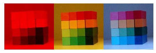 동일한 물체의 색이 조명의 변화에 따라 다르게 색온도의 변화에 따라 활동성, 역량성, 안정감 등의 인지된다. 조명의 RGB 수치 (좌로부터): 감성적인 차이를 찾은 경우도 있다 (지순덕 외, 2007).