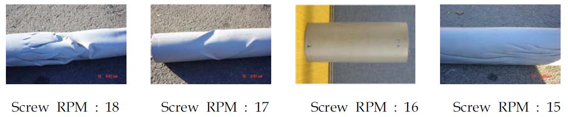 110 mmϕ PB관 생산시 Screw RPM에 따른 PB관 사진