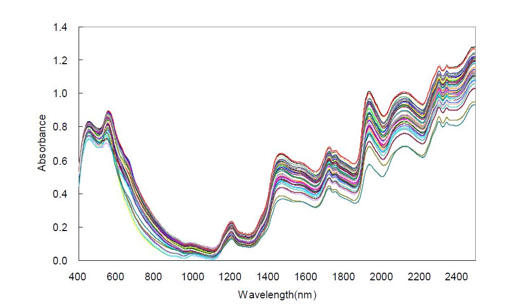 Near-infrared absorbance spectra of commercial pepper powder.