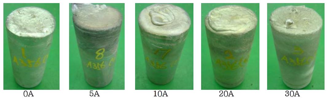 Pictures of A356 billet at solid fraction 40% with various current conditions; Pv=1013mbar, t=450sec, Air cooling