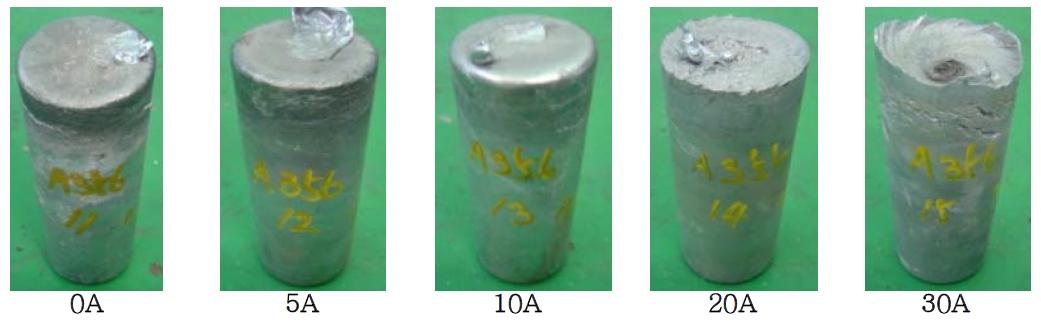 Pictures of A356 billet at solid fraction 50% with various current conditions; Pv=1013mbar, t=650sec, Air cooling