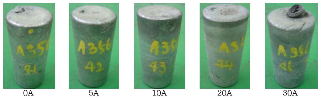 Pictures of A356 billet at solid fraction 40% with various current conditions; Pv=1013mbar, t=330sec, Water cooling