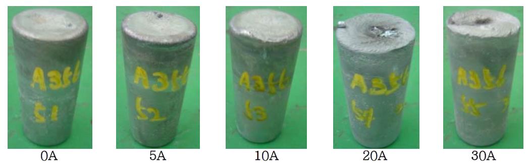 Pictures of A356 billet at solid fraction 50% with various current conditions; Pv=1013mbar, t=420sec, Water cooling