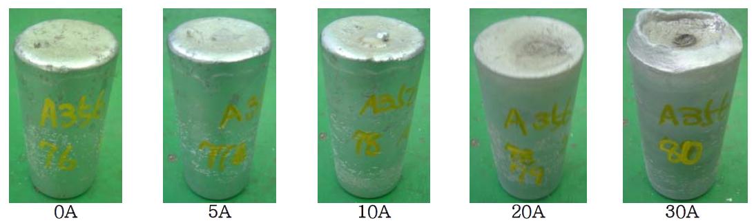 Pictures of A356 billet at solid fraction 30% with various current conditions; Pv=1013mbar, t=60sec, Water cooling