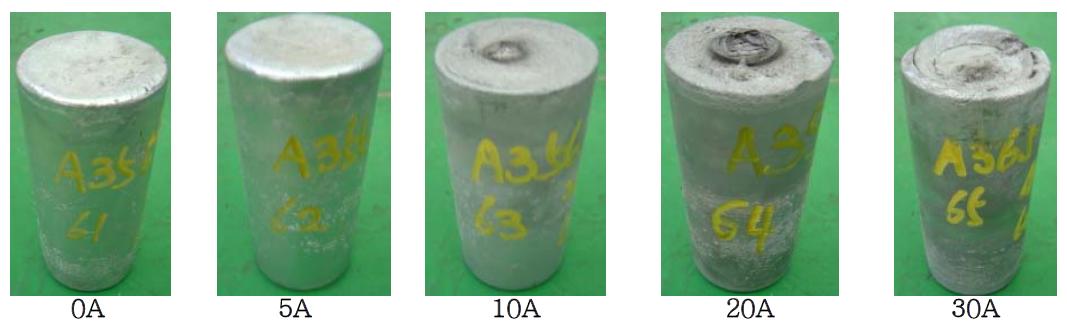 Pictures of A356 billet at solid fraction 40% with various current conditions; Pv=1013mbar, t=60sec, Water cooling