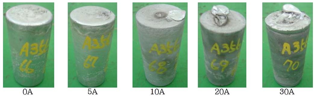 Pictures of A356 billet at solid fraction 50% with various current conditions; Pv=1013mbar, t=60sec, Water cooling