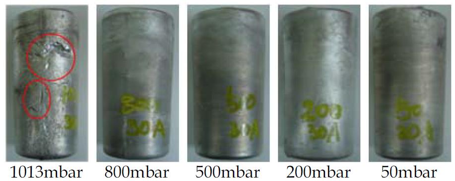 Pictures of A356 billet at solid fraction 40% with various vacuum pressure conditions ; EMS current (C) = 30A