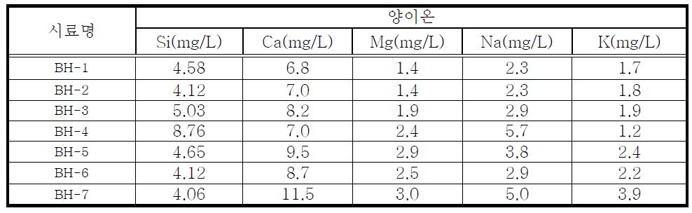 설치한 관측공 지하수 내 양이온 항목 분석결과