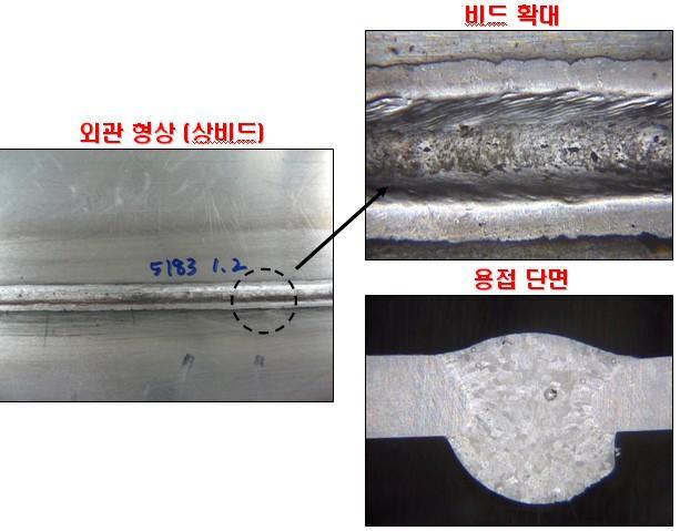 A5183 1.2∅ 와이어를 이용한 용접 결과