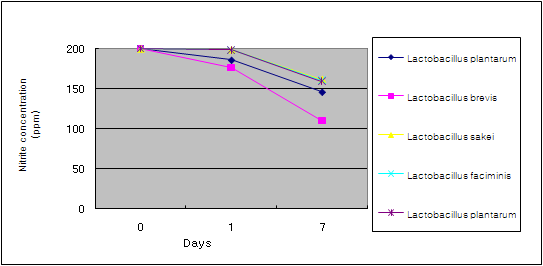 Depletion of nitrite in MRS broth by lactic acid bacteria isolated from kimchi during incubation for 48 hrs at 10℃