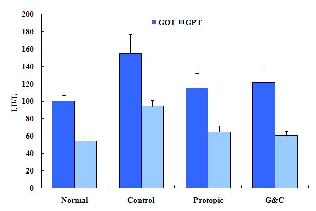 Effect of G&C extract on GOT and GPT of serum in TNCB-induced dermatitis model of NC/Nga mice.