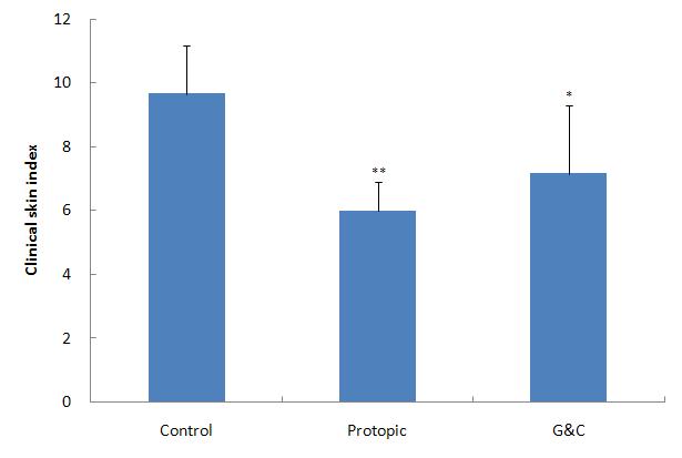 Effects of G&C on clinical skin features and severity in TNCB-induced NC/Nga mice.