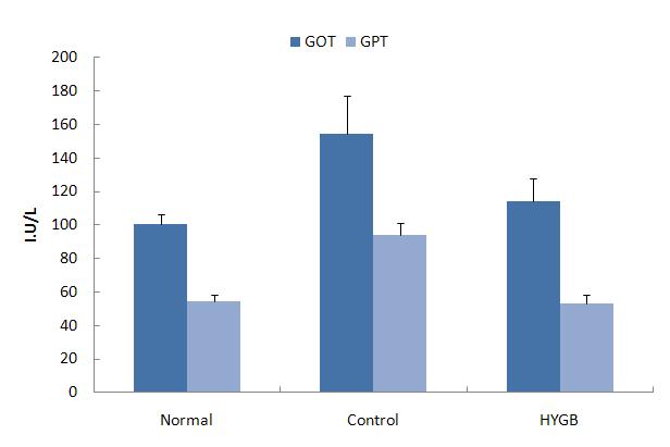 Effects of HYGB extract on GOT and GPT of serum in Biostir AD- induced dermatitis model of NC/Nga mice.