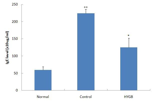 Effects of HYGB on the levels of IgE in the serum of Biostir AD-induced atopic dermatitis model of NC/Nga mice.