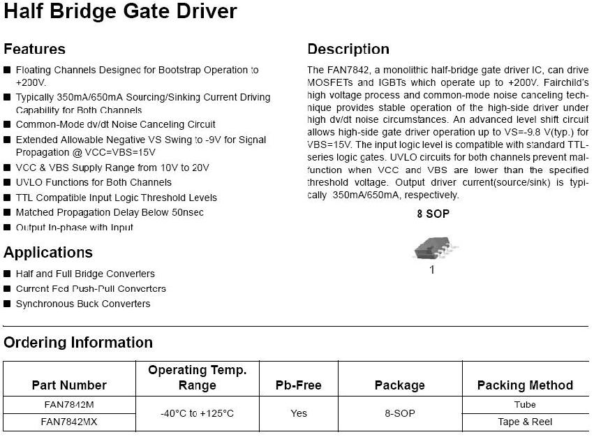 2차년도 제어기의 Gate Driver 소자 FAN7842 사양