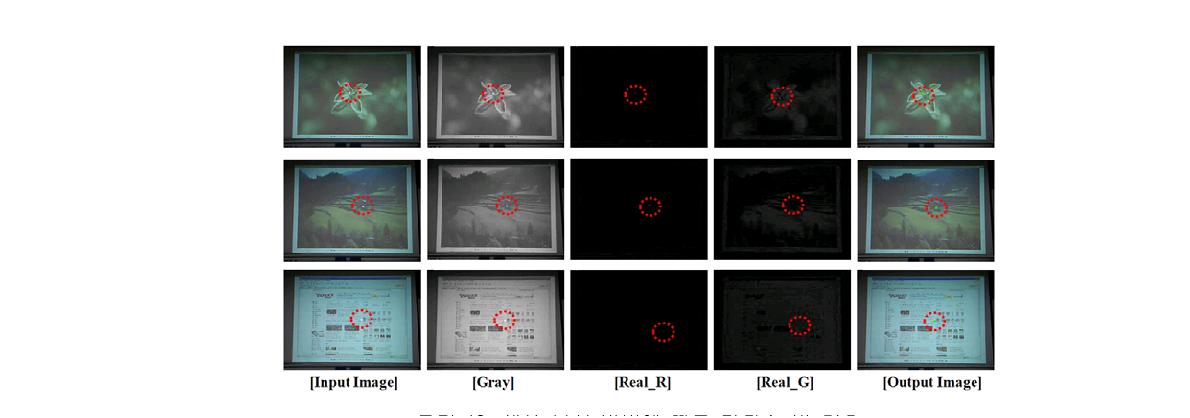 색상 분석 방법에 따른 라디스 빔 검출(Input Image) 입력된 원 영상, (Gray) 입력 영상의 Gray 변환, (Real_R) Real Red 영상,