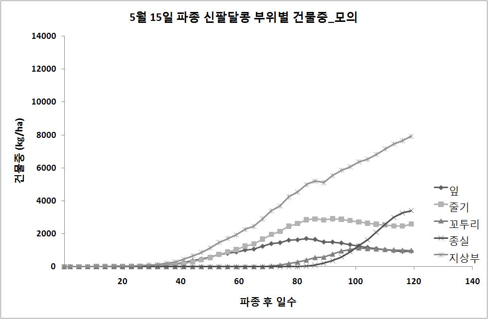 5월 15일 파종 신팔달콩 부위별 건물중 모의 결과