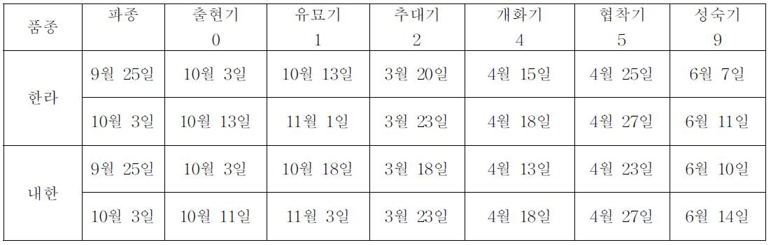 파종기에 따른 생육단계