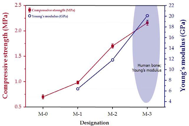 Compressive strength and Young’s modulus of the PCL/BCP hybrid scaffolds depending on the BCP matrix content.