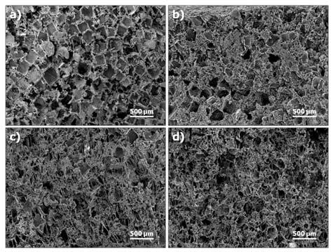 SEM micrographs of the longitudinal section of the biodegradable PCL/BCP/HPMC hybrid scaffold depending on the HPMC content: (a) PB-H0, (b) PB-H1, (c) PB-H2 and (d) PB-H3.