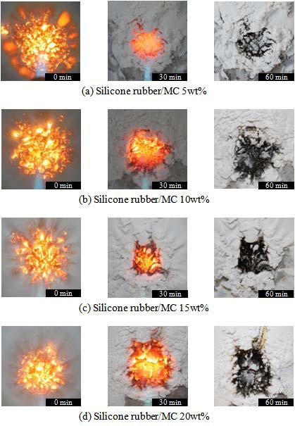 Photographs of the silicone rubber/melamine cyanurate composites during the flame test.