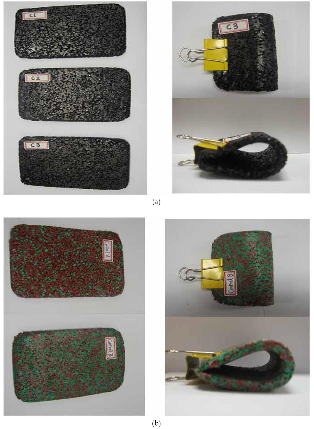 Pictures of various rubber chips for elastomeric pavement with binders: (a) tire waste; (b) EPR.