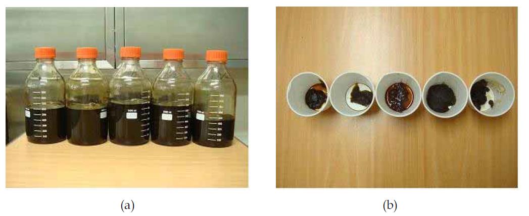 Recycled polyols from GF-PUR (a) and residue after filteration of glycolysis products (b).