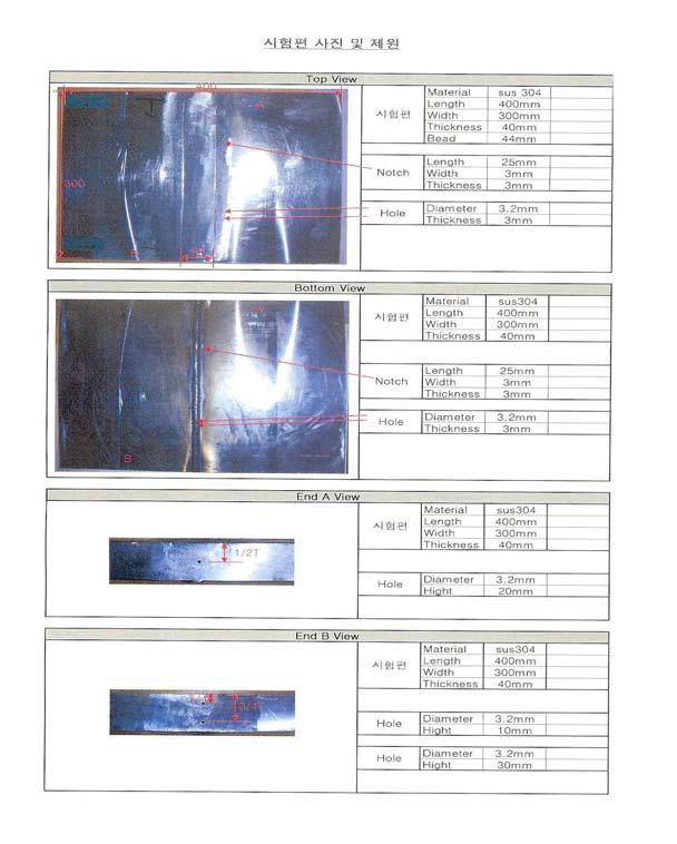 STS재질의 대비 시험편 결함 정보