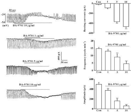 Effects of DA-9701 on pacemaker potentials and pacemaker currents recorded in cultured ICC from murine small intestine. (A) shows the pacemaker potentials of the ICC exposed to DA-9701(10 ug/ml) in the current clumping mode (l = 0). (B, C, and D) show the pacemaker currents of the ICC recorded at a holding potential of -70 mV exposed to various concentration of DA-9701(1, 5, and 10 ug/ml). Dotted lines indicated zero current levels. Responses to DA-9701 are summarized in (E), (F), and (G). Bars represent mean values ± SE. **(P < 0.01) significantly different from the untreated control. Con, Control.