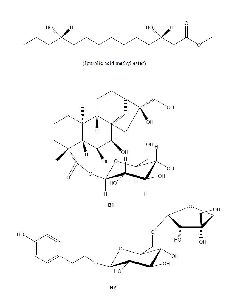 Structures of ipurolic acid methyl ester and B1 ~ B2 from BuOH fr. of Pharbatis nil