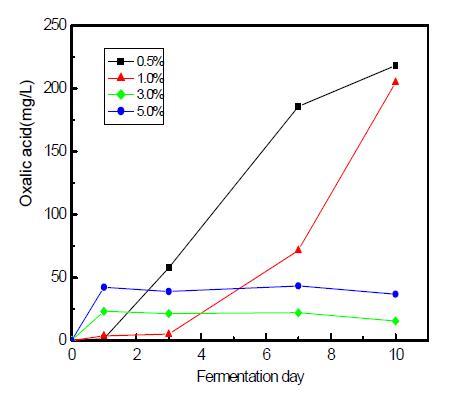 당밀농도에 따른 oxalic acid의 생성