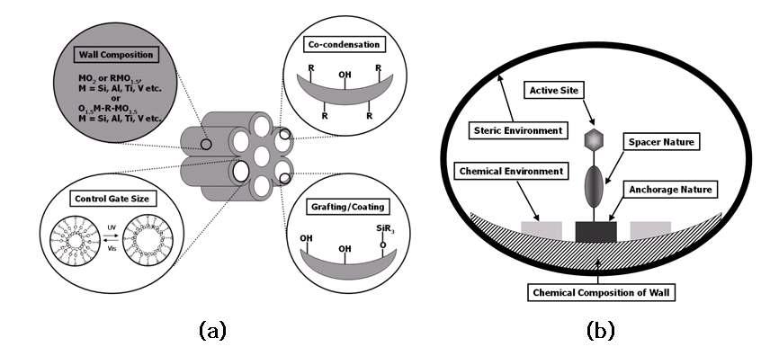 (a) 유-무기 혼성 MTS 다양한 기능화의 접근 방법, (b) 금속 기능화 MTS의 설계 개념