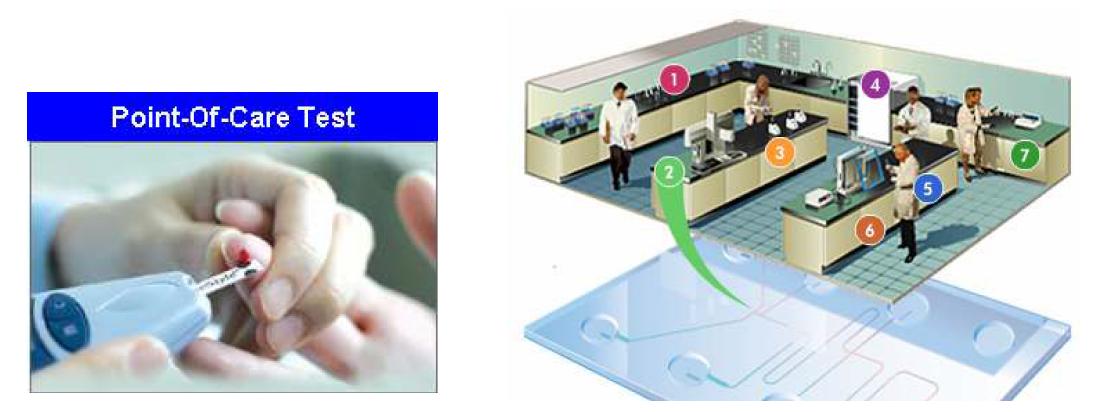 Typical applications of microfluidic technology; diagnostics and LOC.