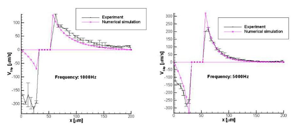 Comparsion of the slip velocity between the theoretical model and experimental measurement at different frequencies of the AC field